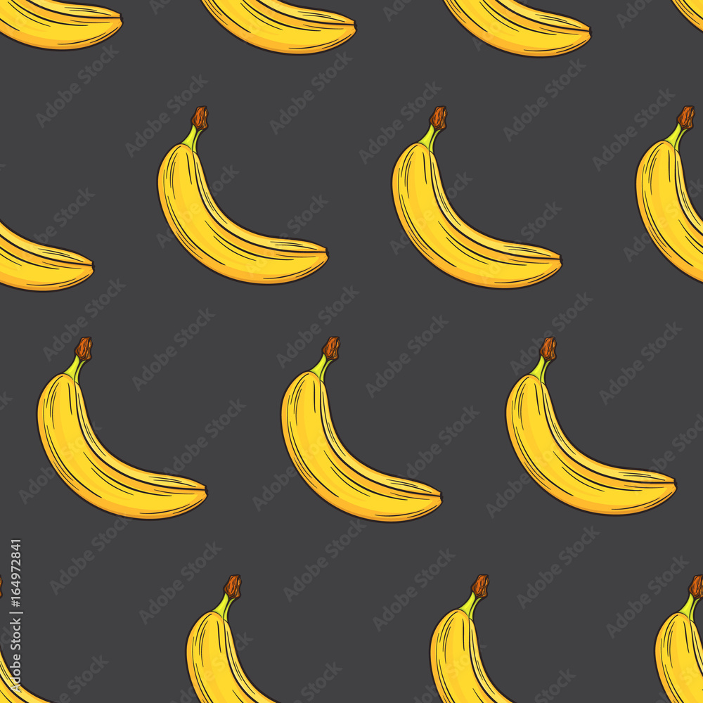 Bananas on white background, bright colorful seamless pattern, template for your design. Fresh fruits collection. Decorative hand drawn doodle vector illustration