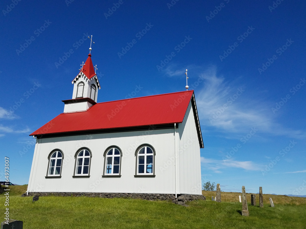 Single church in green field blue sky Single church in green field blue sky