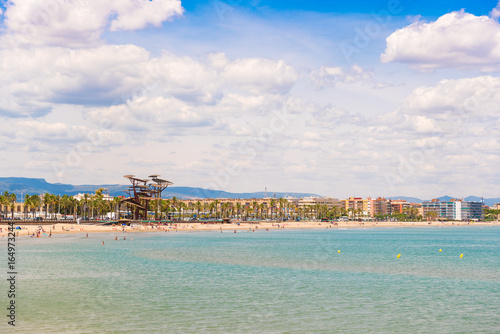 Coastline Costa Dorada, beach in La Pineda, Tarragona, Catalunya, Spain. Copy space for text.