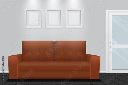 Room interior with brown sofa, vector design