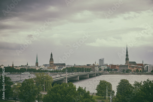Panorama of Riga city center in summer cloudy day