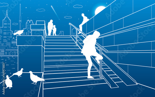 Stairs on the river embankment, people on steps. Doves are sitting on parapet. Evening city on the background, vector design art