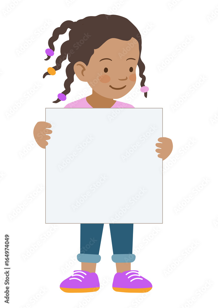 Cartoon little girl with dark skin holding blank sign template Cartoon little girl with dark skin holding blank sign template