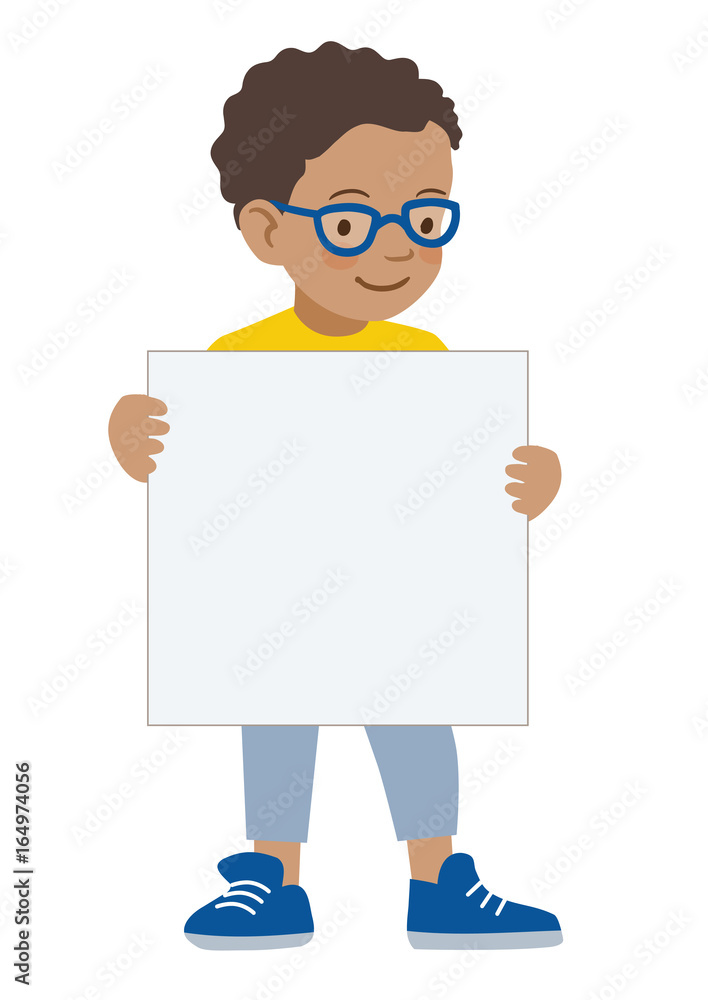 Little dark skinned boy wearing glasses holding blank sigh template Little dark skinned boy wearing glasses holding blank sigh template