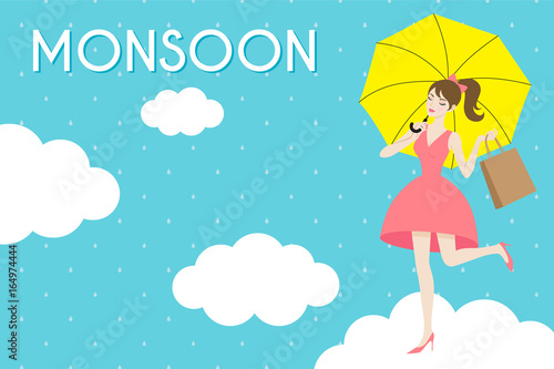 Rainy season, Woman with umbrella on the monsoon background