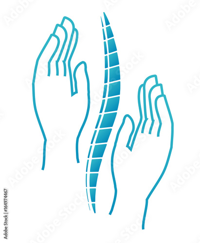 chiropractic or Massotherapy logo. Manual therapy. Medical icon. The hand holds on the back. Sign spine