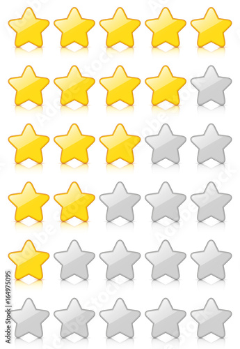 Glossy 5 Star Rating Set with reflection isolated on white background. Vector EPS10