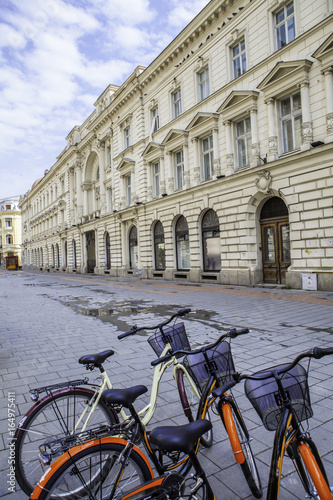 bicycle on city street. Rental bikes. Parking city bikes. Bucharest. Romania.