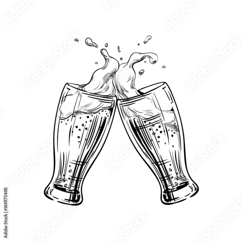 Two glasses of beer clink at a toast with a splash of beer foam. Hand drawn illustration for design menu restaurants, pubs, bars, posters for the Festival, Oktoberfest, brewery, banners. Vector sketch