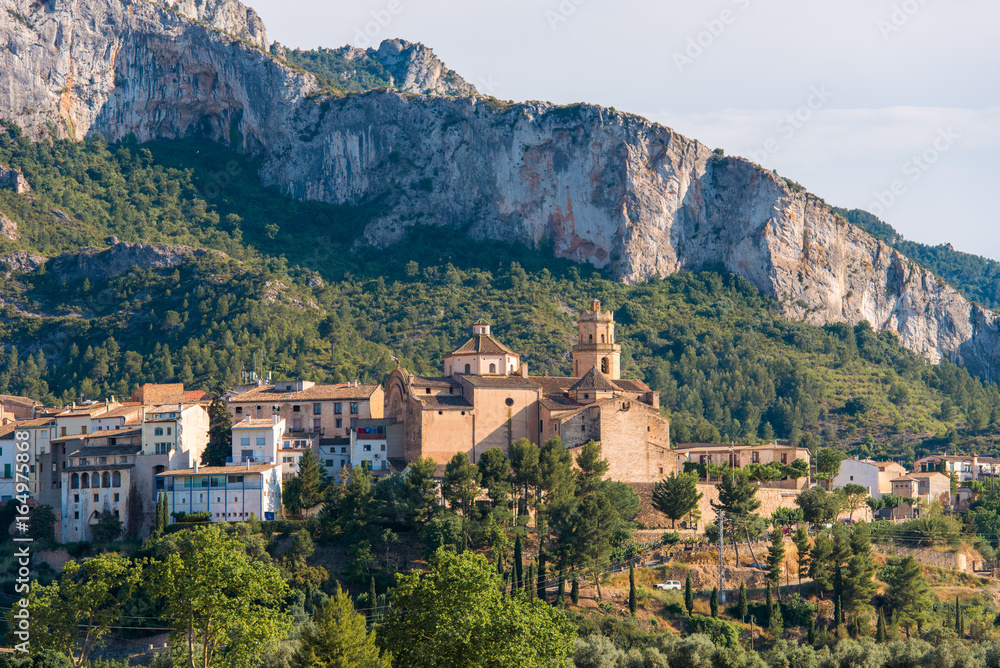 View of the city and church Parroquia Sant Jaume, Tivissa, Tarragona, Catalunya, Spain.