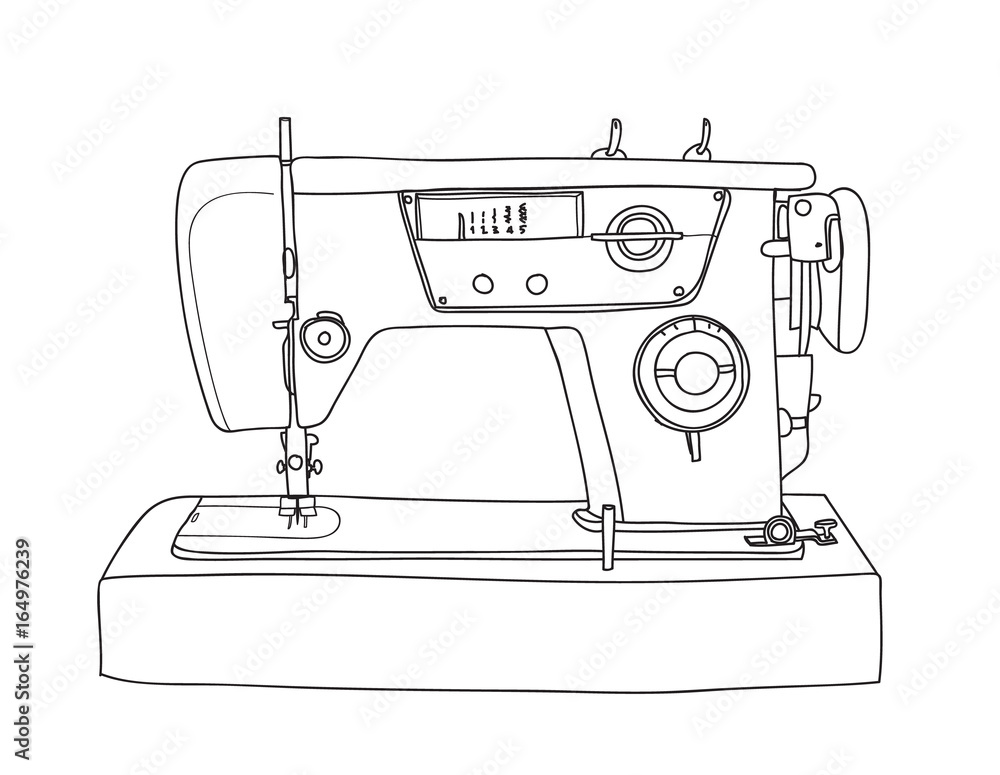 Sewing  Retro Machine cute vintage hand drawn vector line art illustration