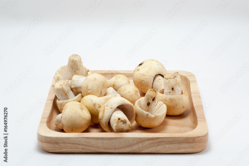 Mushrooms in a wooden tray