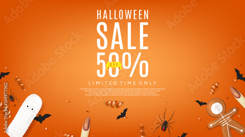 Beautiful orange web banner for halloween sale. Top view on paper bats, confetti and spiders. Vector illustration with cookies in form of skeleton gingerbread man. Special seasonal offer. 