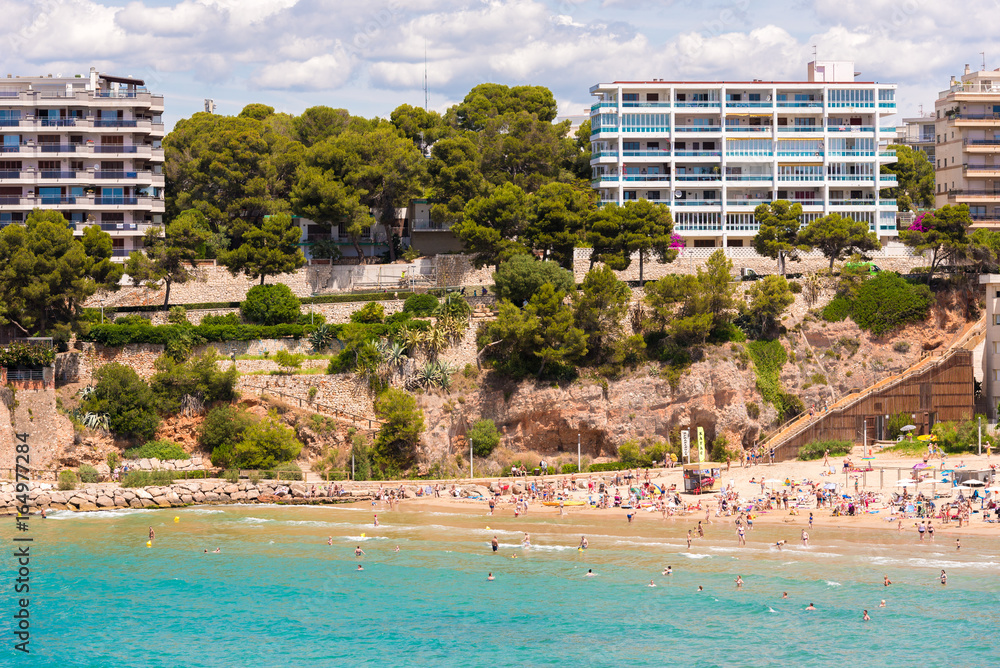 Coastline Costa Dorada, beach in Salou, Tarragona, Catalunya, Spain. Copy space for text.