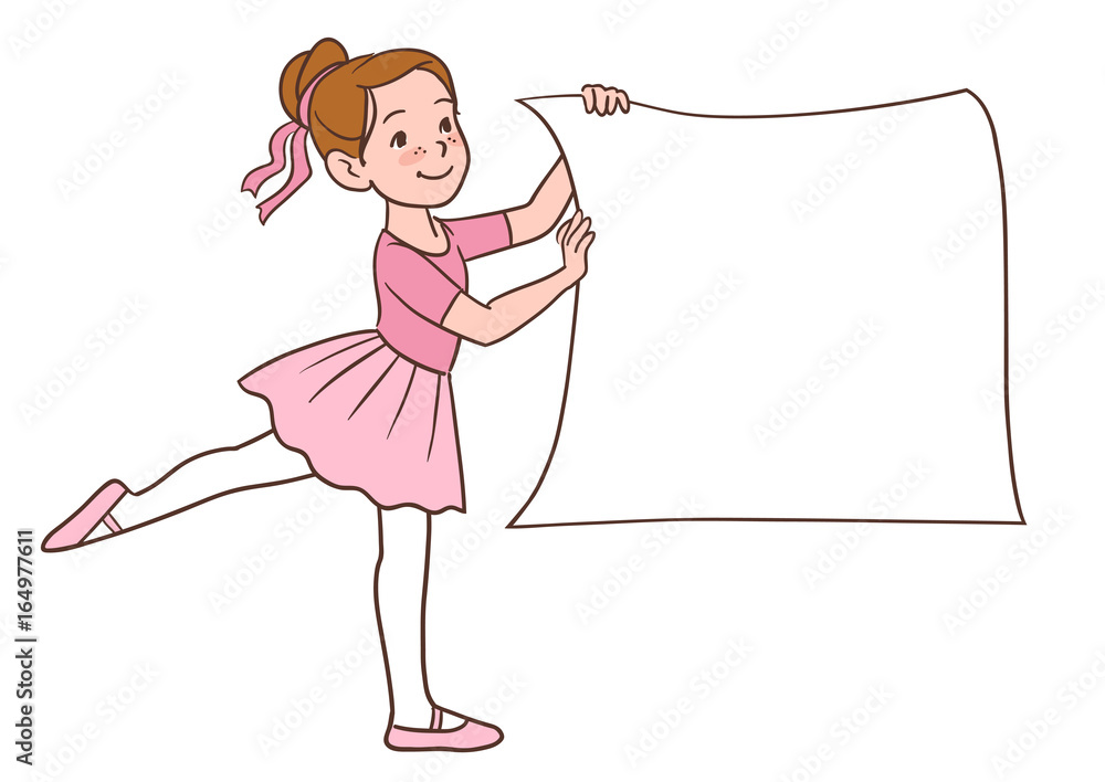 Vector hand drawn illustration of a cartoon ballerina little girl character  wearing pink tutu ad leotards holding a blank sign isolated on white  background. Stock Vector | Adobe Stock