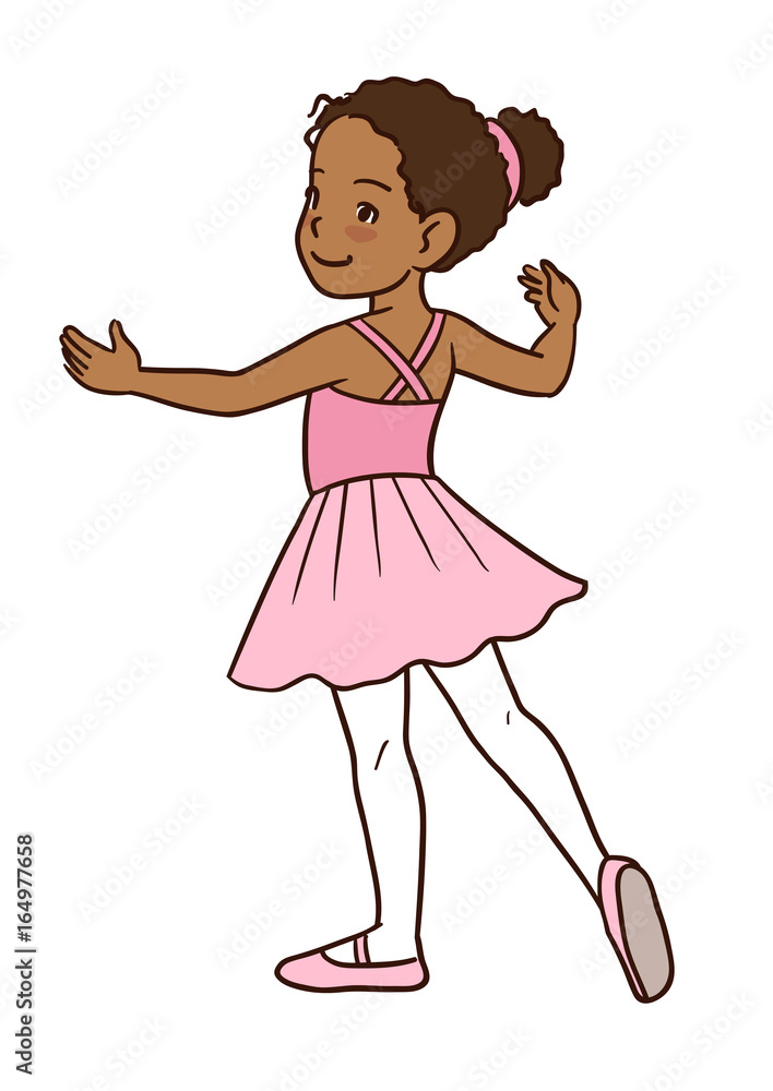 Vector cartoon hand-drawn illustration of a dark skinned cute little  ballerina girl, standing in a ballet position with pointed toe and arms to  the sides, wearing pink tutu, and leotard. Stock Vector