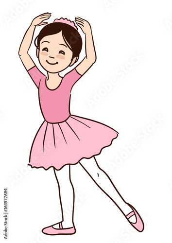 Vector hand drawn cartoon character illustration of a smiling cute little Asian ballerina girl dancing with arms raised and toe pointed, in pink leotard, tutu and ballet slippers, isolated on white.