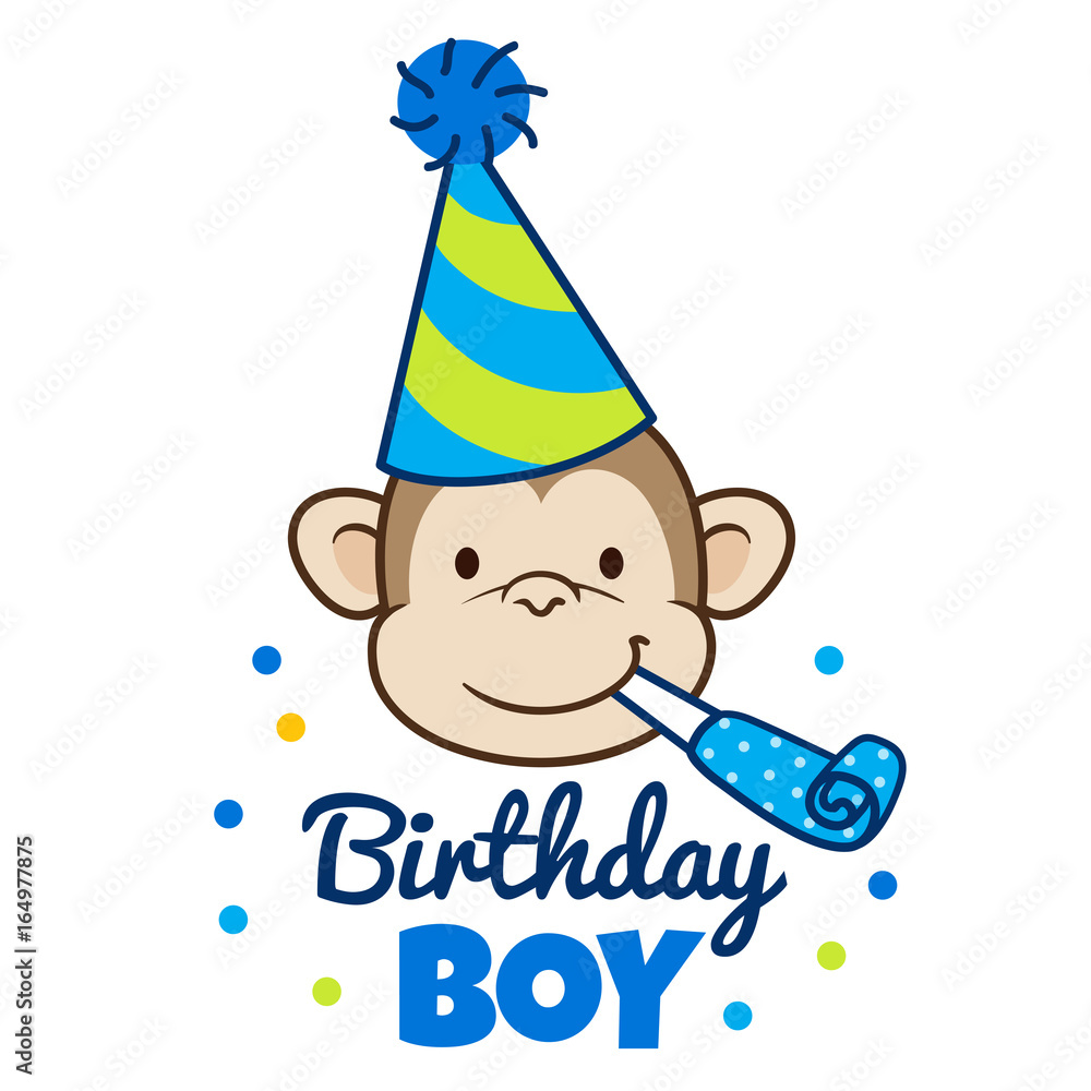 Vector hand drawn cartoon illustration of a happy monkey face in a party  hat with party blower horn in mouth, with words 
