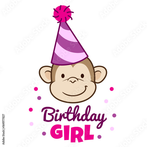 Vector hand drawn cartoon character illustration of a smiling monkey face wearing a pink stripy party hat  with caption below that reads  Birthday Girl . 