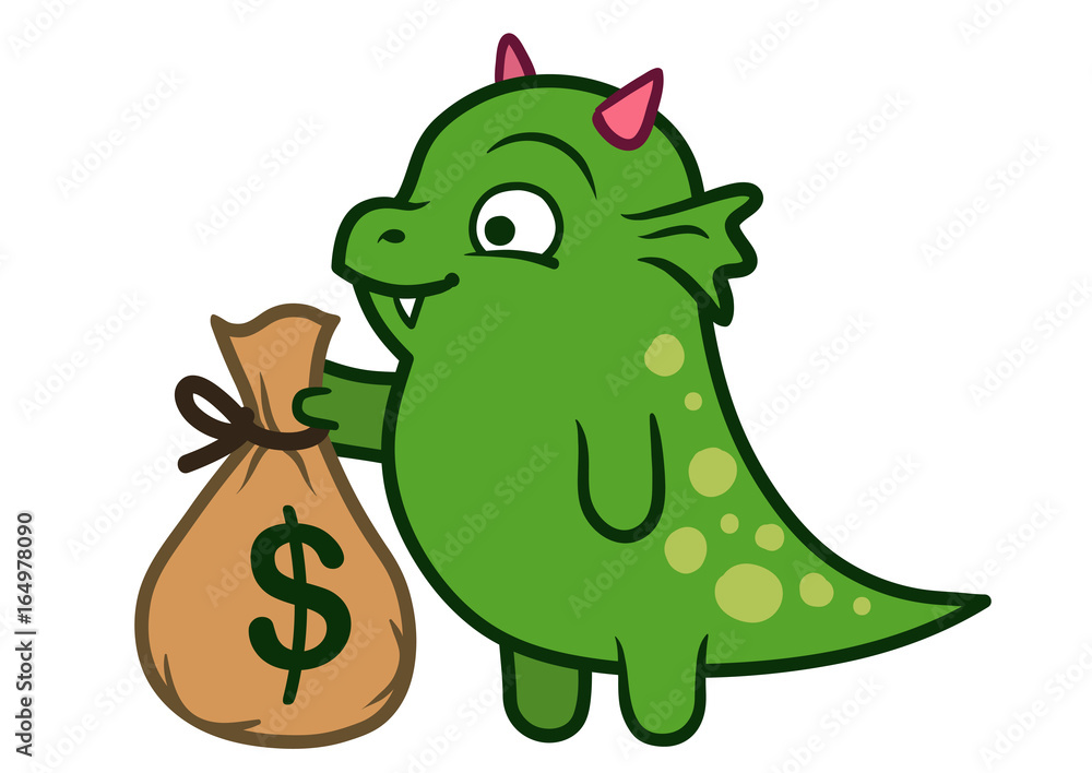 Cute friendly green dragon monster holding money bag Cute friendly green dragon monster holding money bag