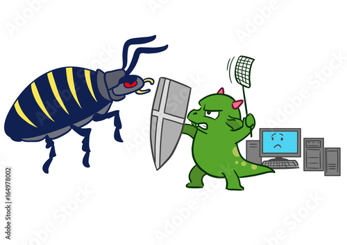 Vector hand drawn cartoon illustration of a green dragon monster mascot character, sword and fly swatter in hand, protecting computer from bug virus malware attack