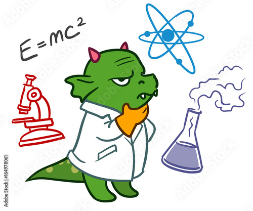 Cartoon vector hand drawn character doodle illustration of a funny green dragon scientist in a lab coat deep in thought, with science icons doodles around him