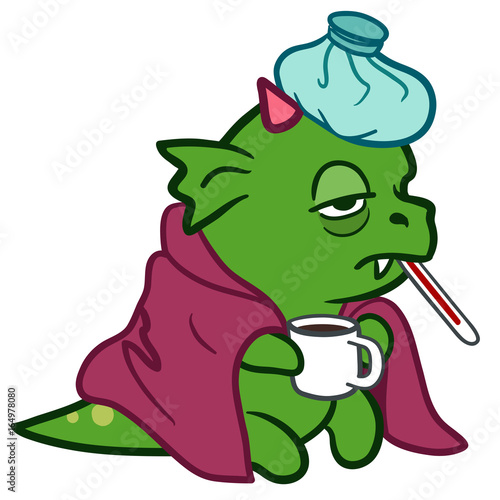 Cute sick monster dragon with ice pack and thermometer, covered with blanket