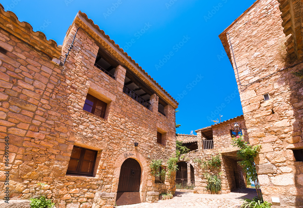 View of the buildings in the village Siurana de Prades, Tarragona, Catalunya, Spain. Copy space for text.