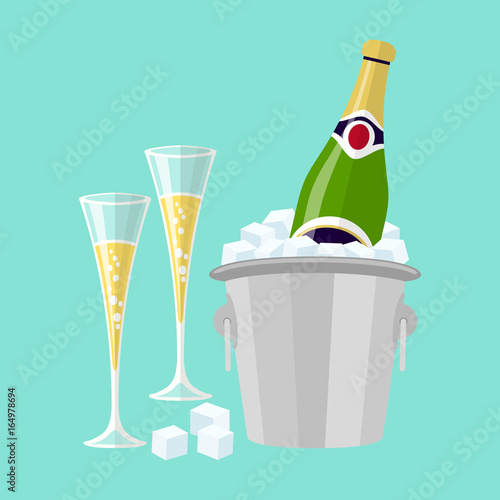 Champagne bottle in bucket with ice and glasses of champagne, vector flat glasses of wine