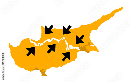 Map of cyprus with arrows as metaphors - conflict and war with arrows as military forces going into battle and clash / connecting and unifying leading to reunification of island into one country