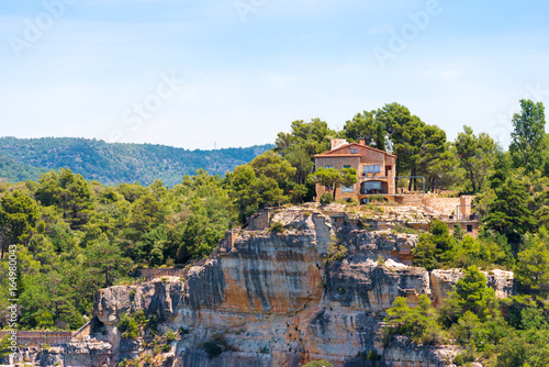 View of the building on top of the mountain in Siurana de Prades, Tarragona, Catalunya, Spain. Copy space for text.