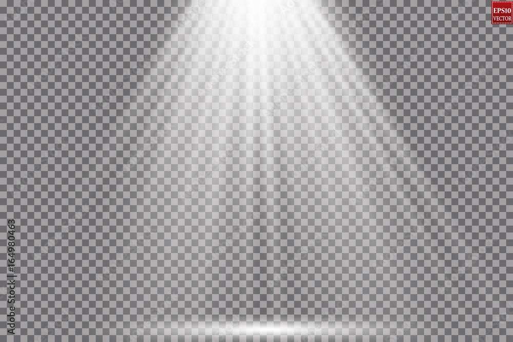 Vector scene illuminated by spotlight ray. Light effect on transparent