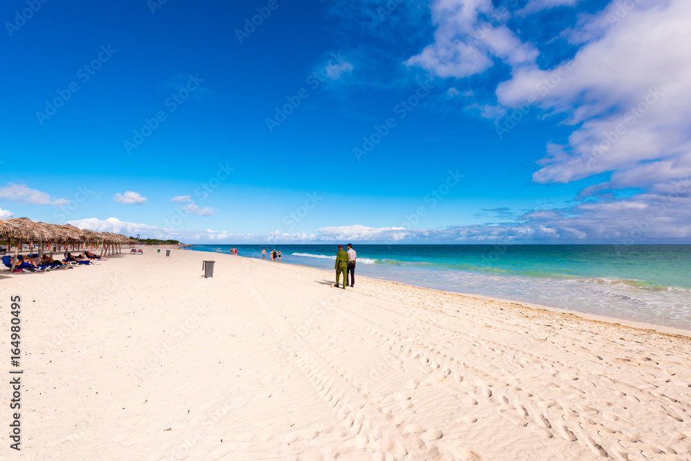 View of the sandy beach in Varadero, Matanzas, Cuba. Copy space for text.