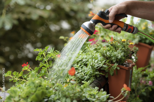 Growing flowers urban balcony. Man floating flowers with a hose. Pots of flowers - Pelargonium Portulaca, tagetis, bidens,Delosperma.