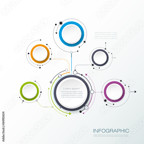 Vector abstract molecules structure with 3D paper label, integrated circles. Blank space for content, business, infographic template, diagram, network, web design.  Social media connection concept