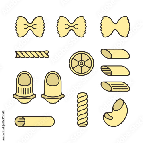 Italian Pasta Types Macaroni Food Minimalistic Colorful Flat Line Contour Stroke Vector Icon Set