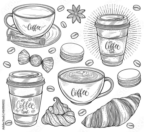 Decorative coffee set. Americano, latte, cappuccino cup, coffee beans, croissant, macaroons, candy, sugar, french meringue cookie. Isolated on white background. Hand drawn in lines vector illustration