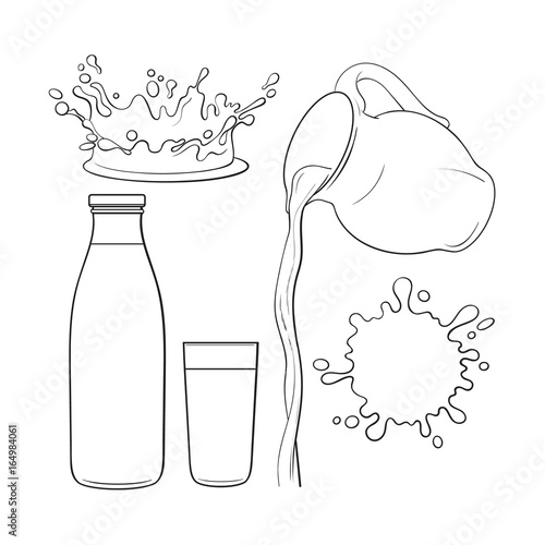 Splashing and pouring liquid bottle, jug, glass, sketch vector illustration isolated on white background. Hand drawn glass, bottle with liquid and pouring from jug