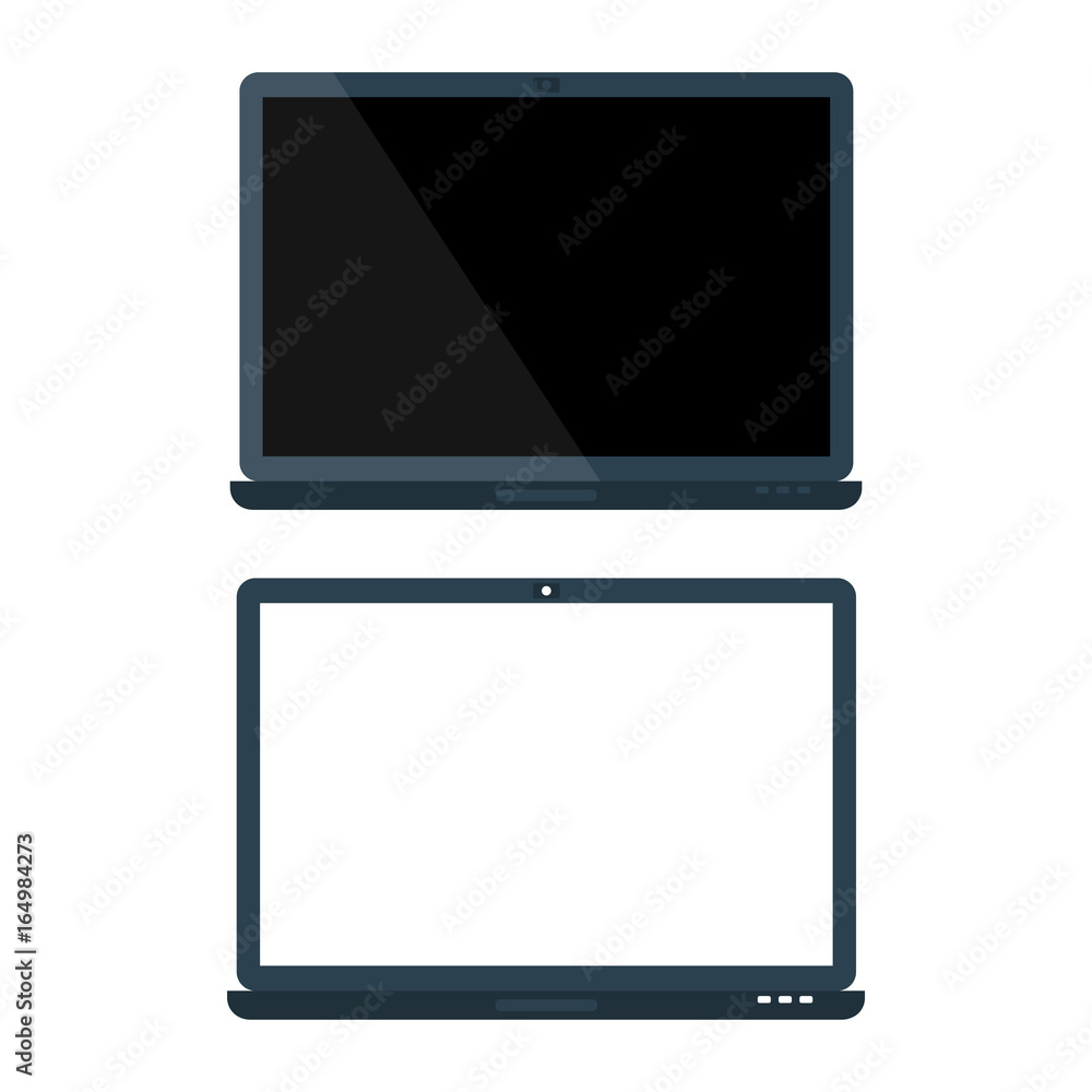 Modern electrical glossy laptop with white and black blank screen set. Flat style icon. Vector illustration Modern electrical glossy laptop with white and black blank screen set. Flat style icon. Vector illustration
