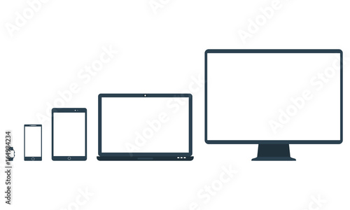 Electronic devices with glossy white, shiny blank screens isolated on white background. Tablet, mobile smart phone, smart watch, laptop, pc monitor. Vector illustration