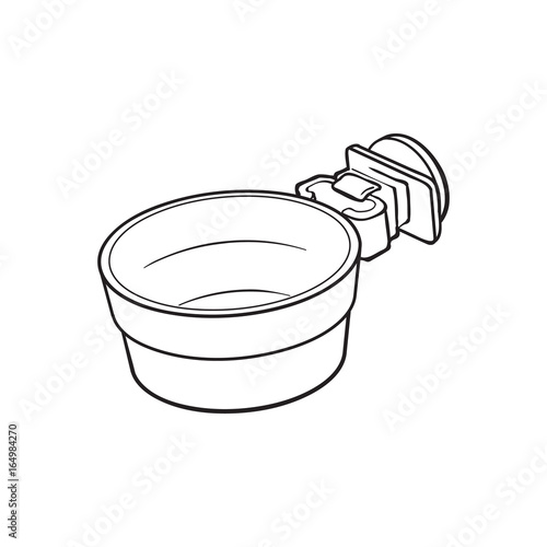 Attachable plastic pet, cat, dog bowl for kennels and crates, sketch style vector illustration isolated on white background. Hand drawn plastic bowl for feeding pets, cat dogs with attachment bracket