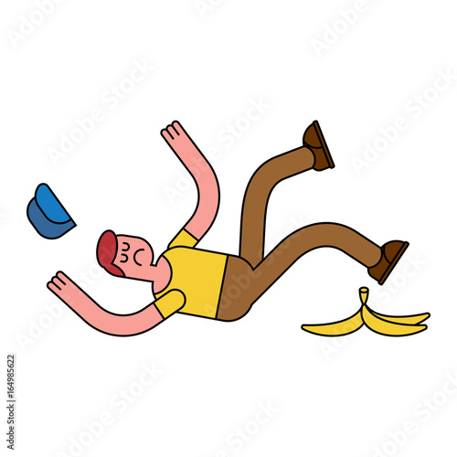 Fall on banana. Slip on banana peel. guy flopped. Man fell