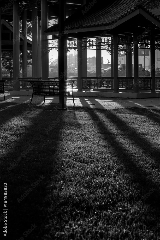 Black and White scene with shadows raking through pillars