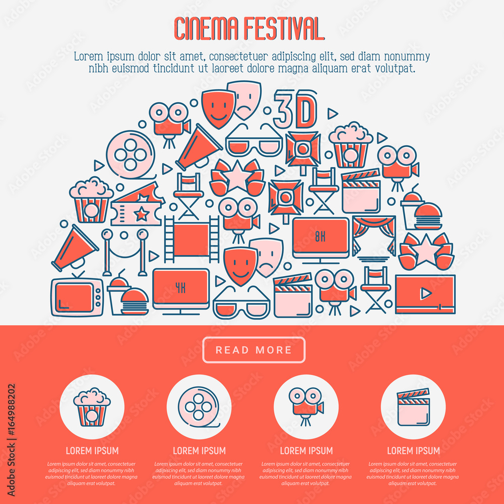 Cinema festival concept with thin line icons related to film. Vector illustration for banner, web page, announcement. Cinema festival concept with thin line icons related to film. Vector illustration for banner, web page, announcement.