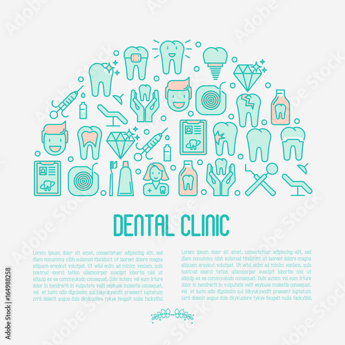Dental clinic concept with thin line icons related to teeth treatment, dental equipment, oral hygiene. Vector illustration for web page, banner, print media.