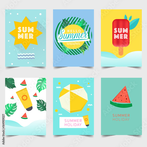 Set of Summer greeting card typography flyer template with lettering. Poster, card, label, banner design set. Vector illustration
