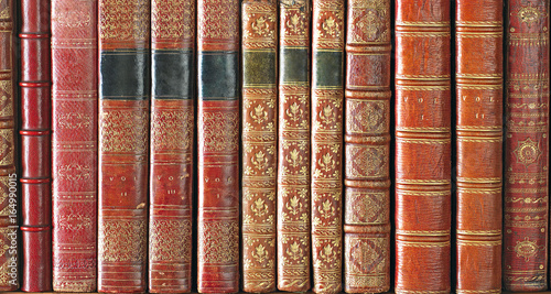 Old books on a bookshelf with beautiful spines