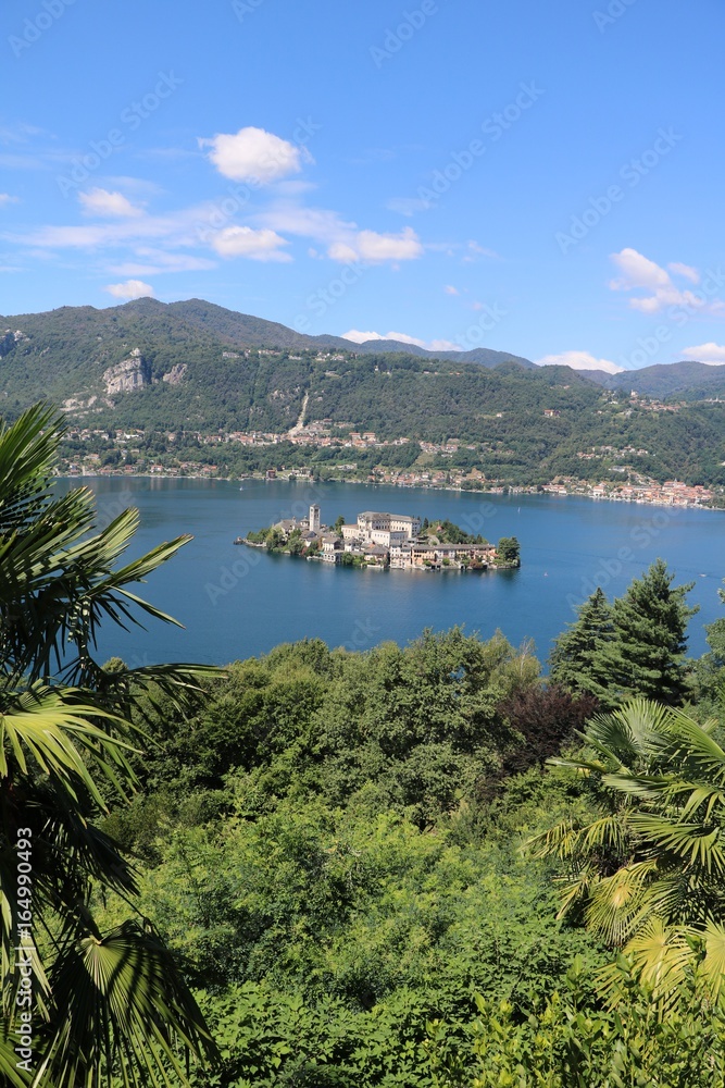 View to Island San Giulio and Lake Orta, Piedmont Italy 