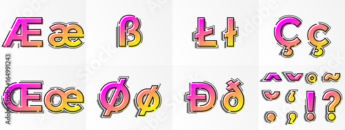Font letters special symbols, punctuation signs vector gradient color line