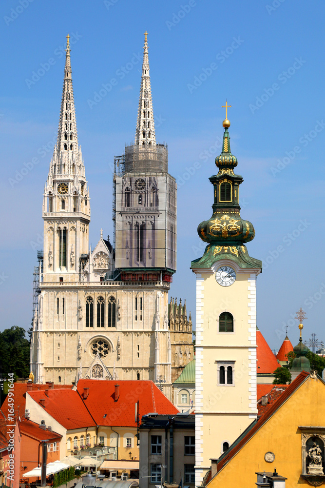 Zagreb Cathedral and St. Mary Church. View from Strossmayer Promenade on Upper Town. 
